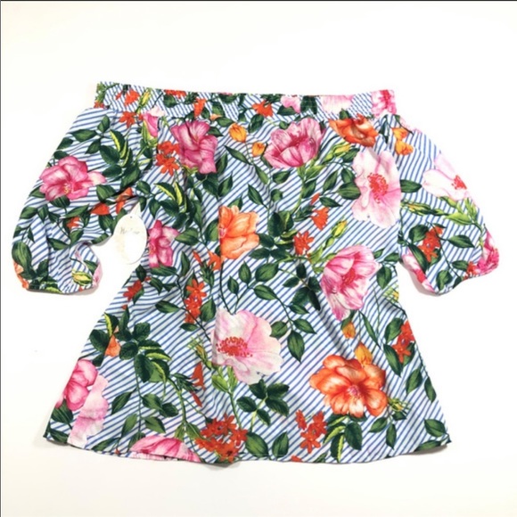 SOLD Harlow & Rose Blue Striped Floral Shoulder Top - Picture 2 of 11